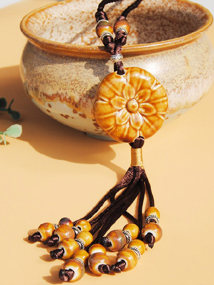 Vintage Flowers Round Shape Beaded Tassel Hand-woven Ceramic Long Necklace