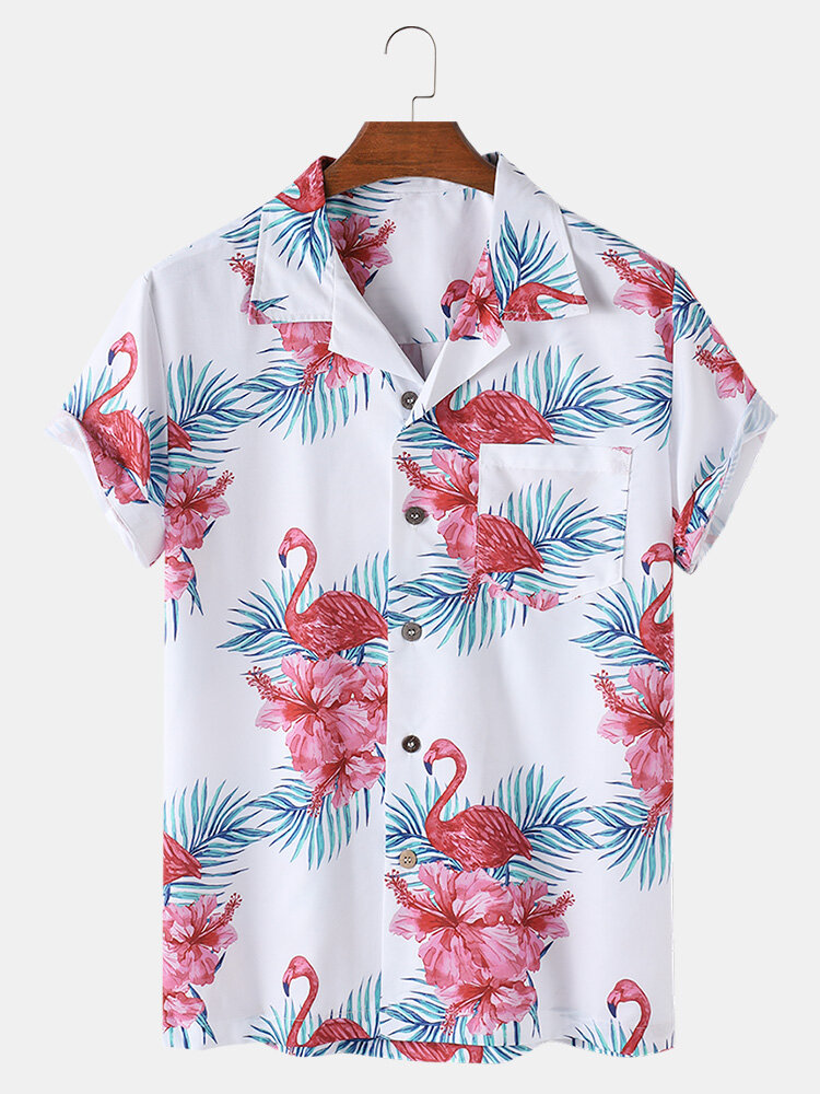 Mens Flamingo Printed Revere Collar Casual Short Sleeve Shirts With Pocket