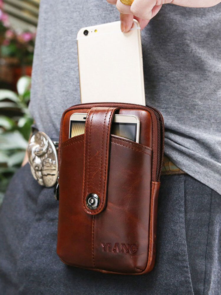 Men Genuine Leather Retro Multifunction 6 Inch Phone Bag Crossbody Bag Waist Bag
