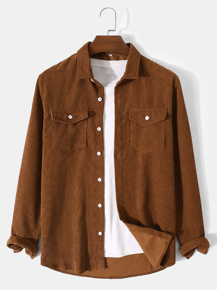 

Mens Corduroy Solid Color Lapel Button Up Basics Long Sleeve Shirts, Black;apricot;coffee;army green