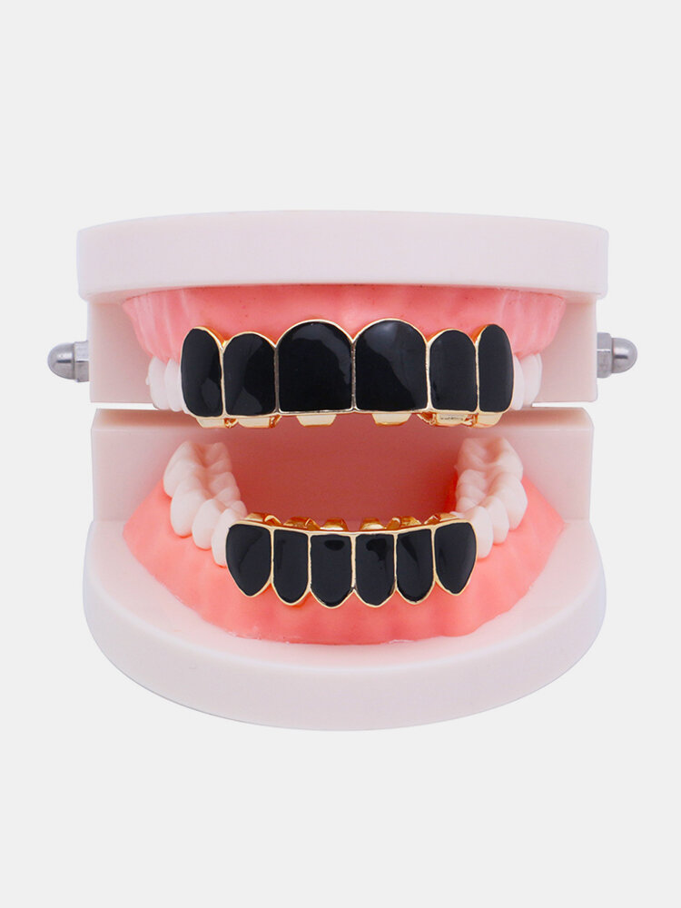 Punk Black Matte Braces Hiphop Grillz Gold Plated Dentures Set Teeth Jewelry
