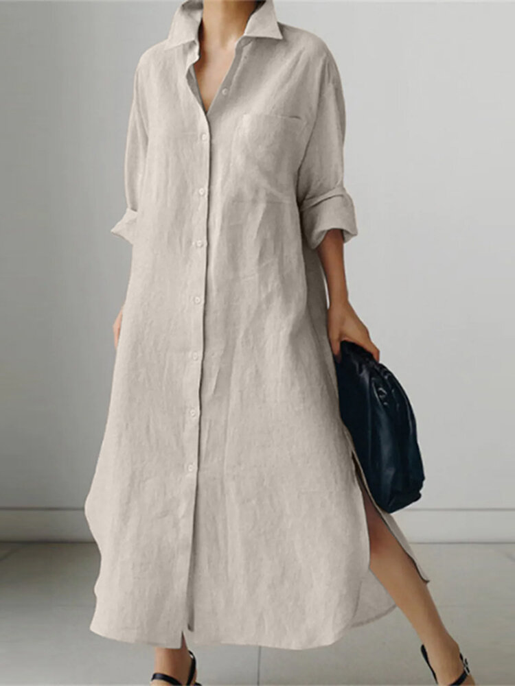 Solid Long Sleeve Slit Hem Button Pocket Shirt Dress