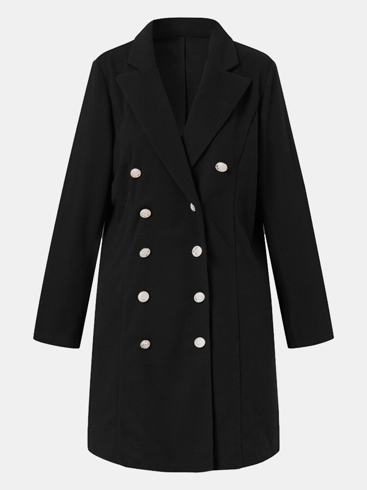Women Solid Color Double Breasted Lapel Long Sleeve Casual Coat