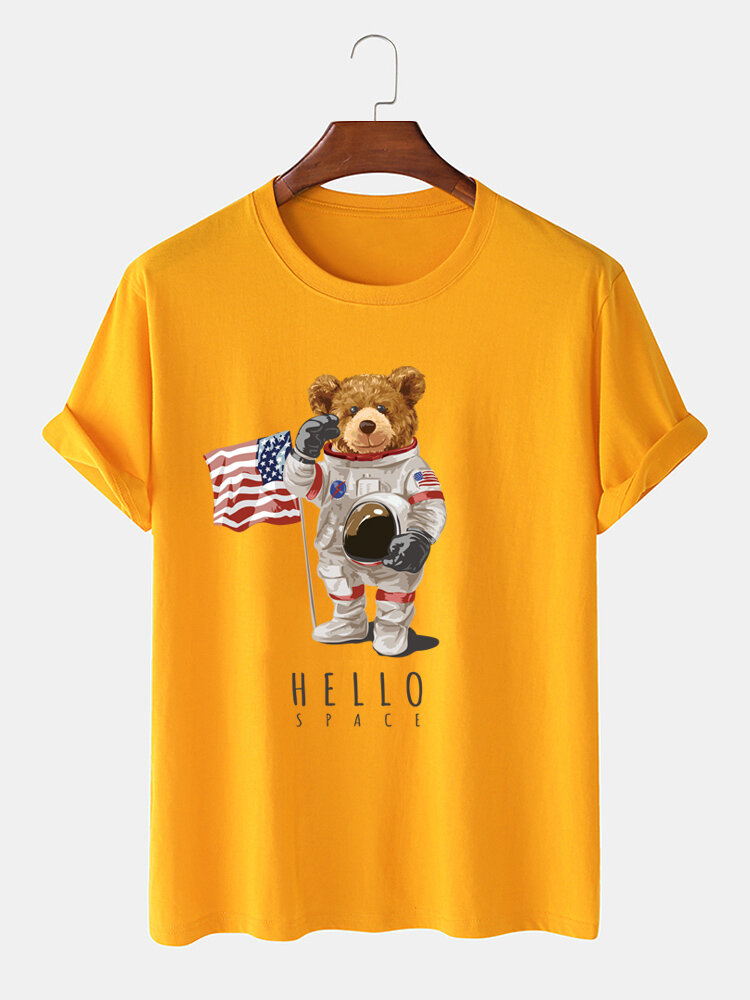 Mens Cartoon Astronaut Bear Print Cotton Short Sleeve Casual T-Shirt