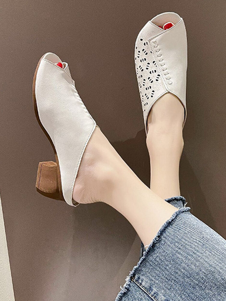 Women Casual Trendy Vintage Comfy Breathable Hollow Peep Toe Heeled Slippers