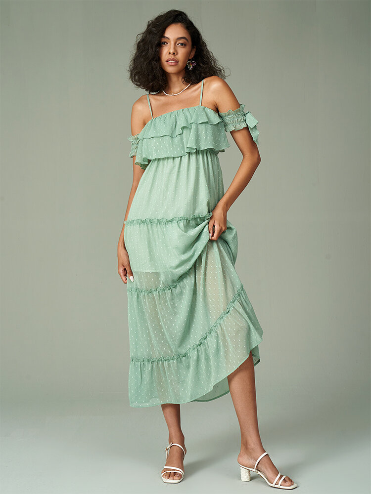 Adjustable Strap Backless Off Shoulder Ruffle Tiered Swing Maxi Dress