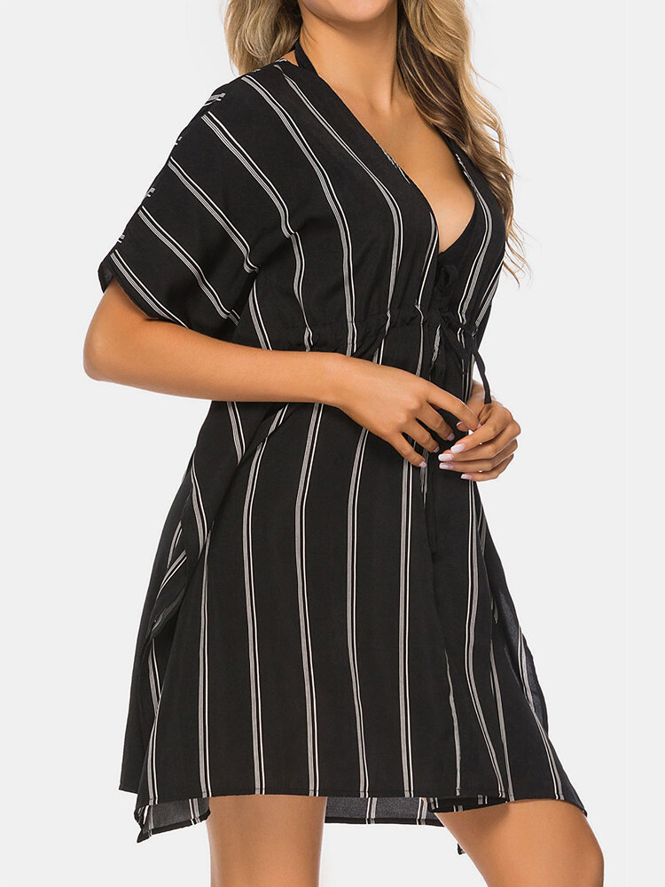 Plus Size Striped Beachwear Front Tie Bat Sleeve Loose Sun Protection Cover Ups