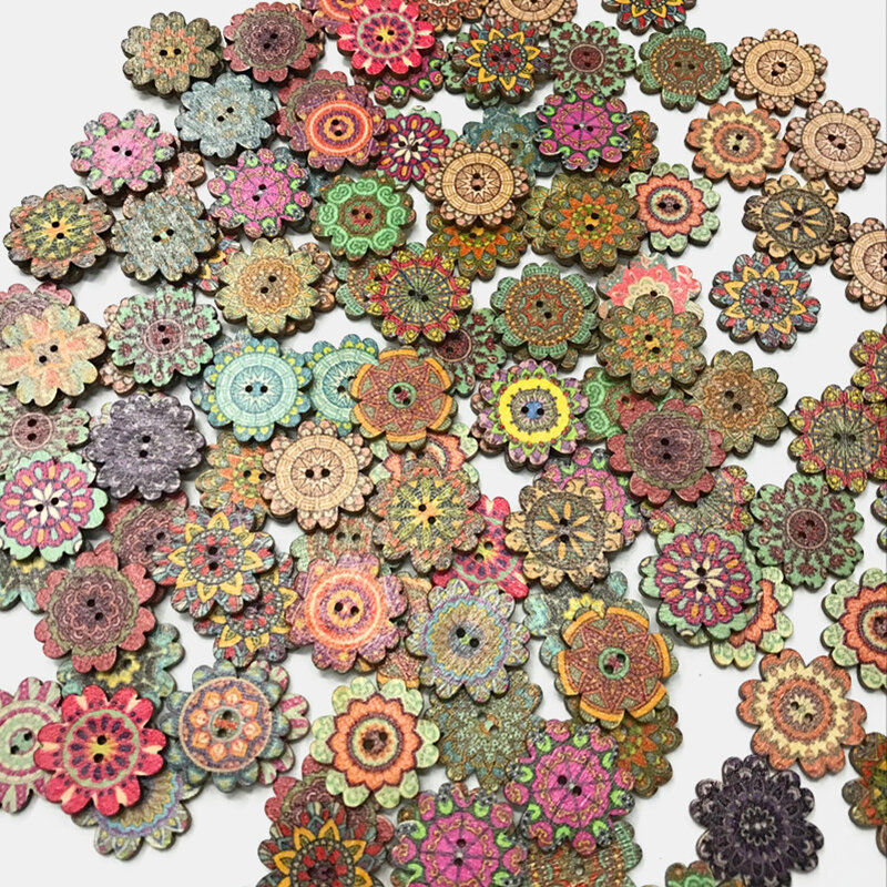 

100 Pcs Wooden Retro Style Flowers Antique Bohemia Style Flower Buttons DIY Decorative Buttons