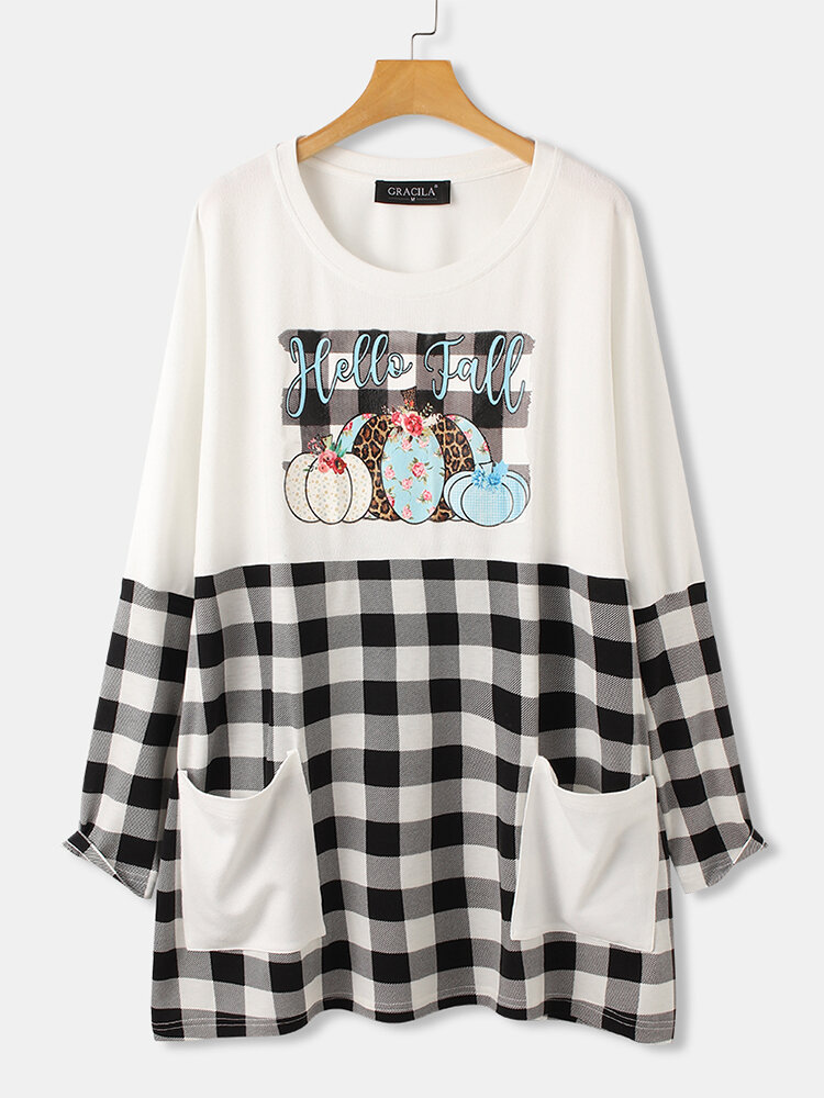 Plaid Patched Print Pockets Long Sleeve Casual Blouse