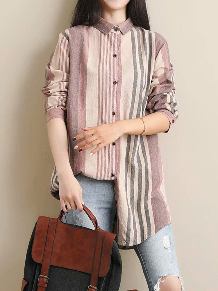 Irregular Multi-color Stripe Long Sleeve Blouse For Women Cheap - NewChic