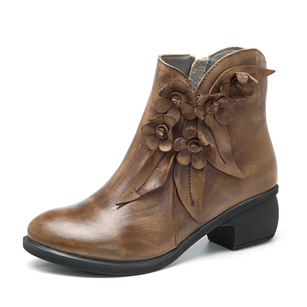 SOCOFY Sooo Comfy Vintage Handmade Floral Ankle Leather Boots