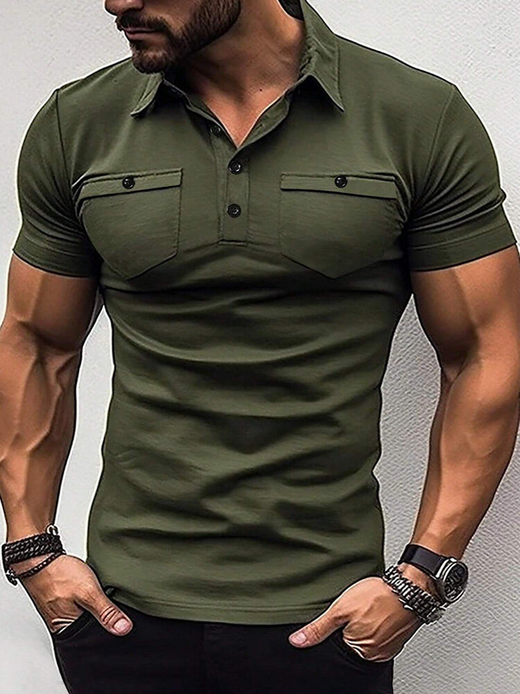 

Mens Solid Double Pocket Casual Short Sleeve Golf Shirts, Army green