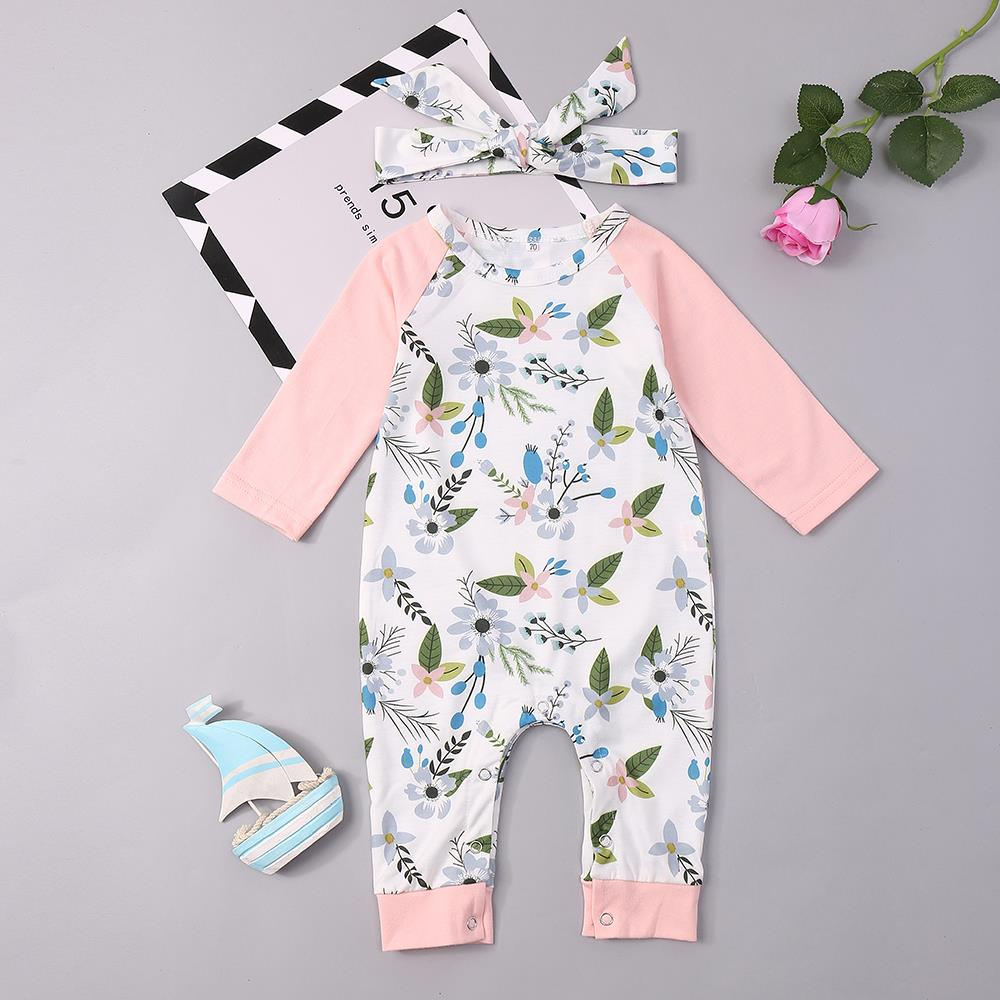 Floral Printed Comfy Cotton Baby Long Sleeve Romper with Headband For 0-24M