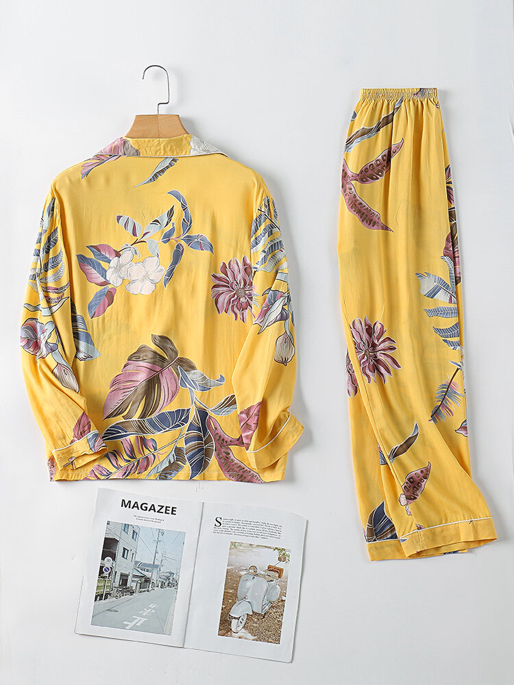 Women Tropical Plant Print Revere Collar Button Front Cozy Pajamas Sets