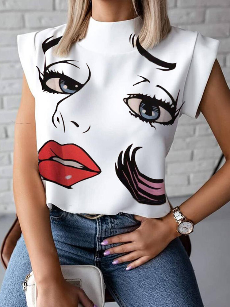 Casual Printed Stand Collar Short Sleeve Blouse