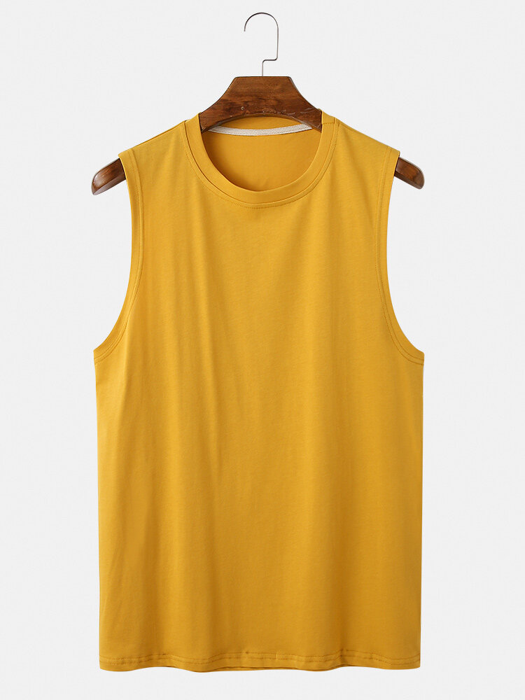 Mens Cotton Breathable Solid Color Round Neck Casual Tank Top