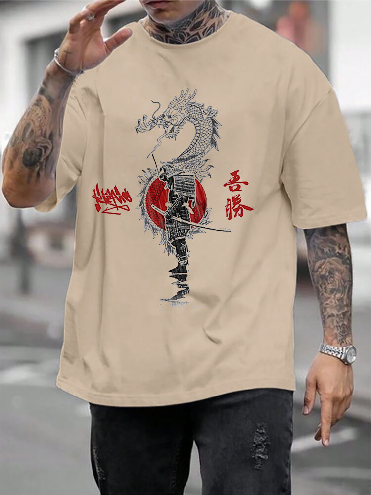 

Mens Japanese Warrior Dragon Print Crew Neck Short Sleeve T-Shirts, Khaki