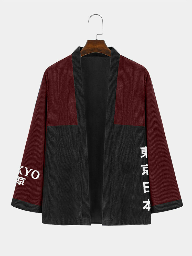 

Mens Japanese Tokyo Embroidered Patchwork Corduroy Loose Kimono, Black