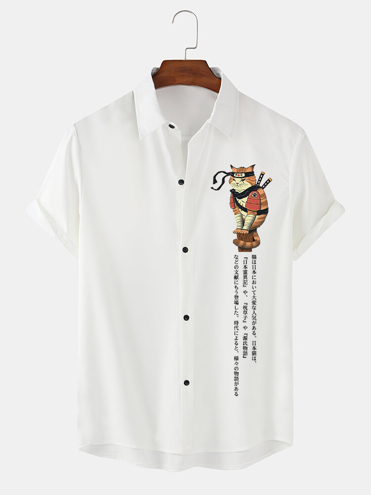 Mens Warrior Cat Japanese Print Button Up Short Sleeve Shirts