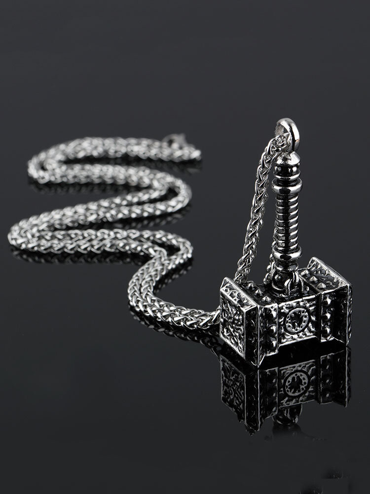 Vintage Carved Hammer-shape Pendant Titanium Steel Necklace