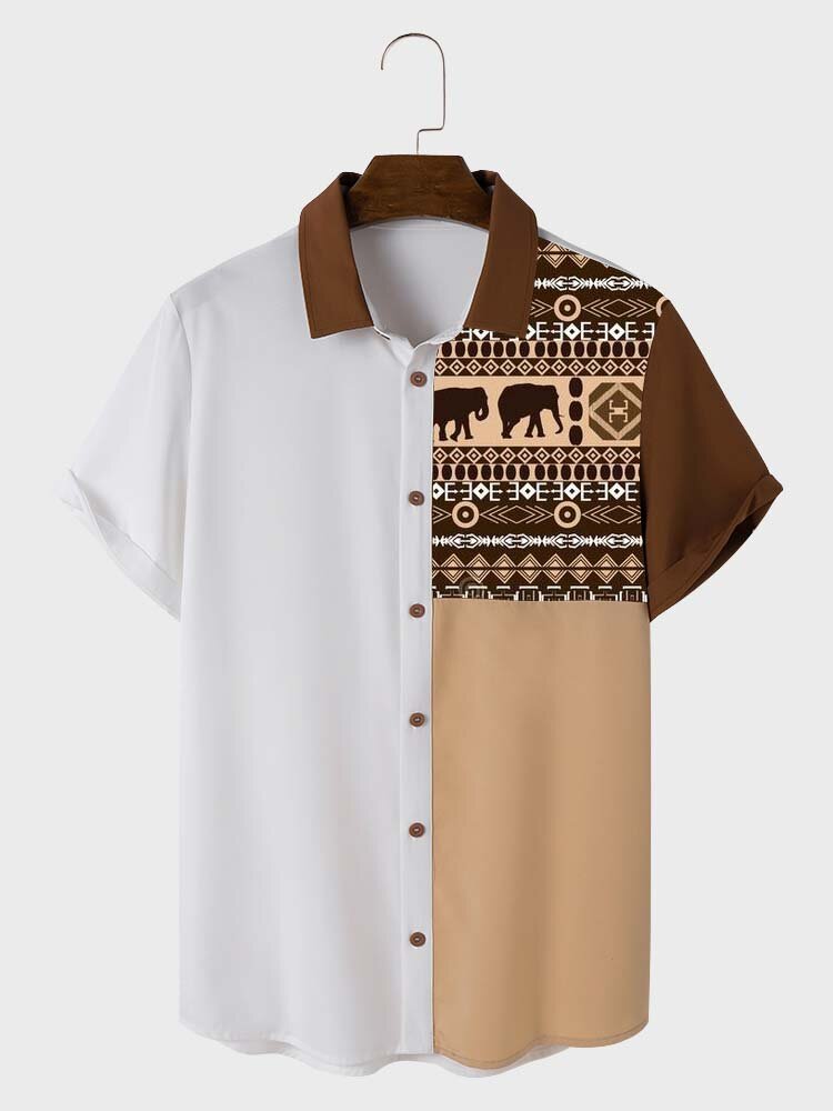 

Mens Ethnic Geometric Elephant Print Patchwork Lapel Short Sleeve Shirts, Brown