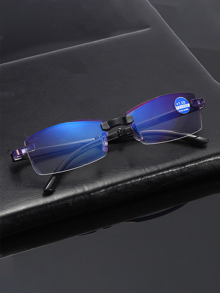 Men Resin Frameless Rectangular Smart Zoom Folding Anti-Blue-ray Reading Glasses