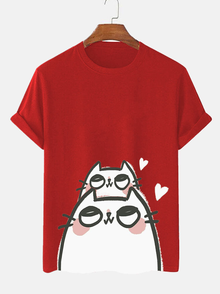 Camisetas masculinas Cartoon Cat Coração estampadas com gola redonda e manga curta