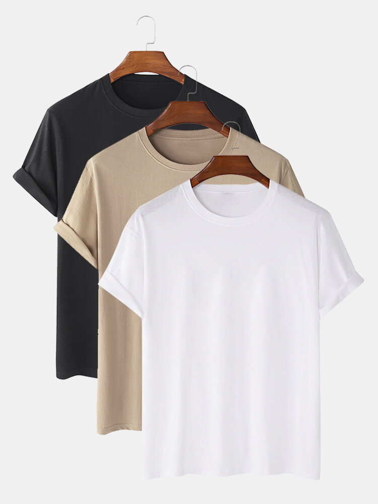 3Pcs Multipacks Mens 100% Cotton Plain Color Short Sleeve Casual T-Shirt