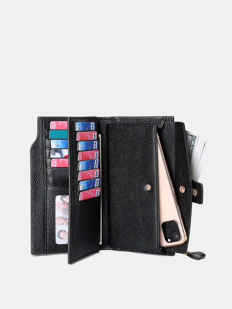 Women Genuine Leather Cow Leather RFID Anti-theft Lychee Pattern 5.8 Inch Phone Bag Clutch Purse Multi-slot Card Holder