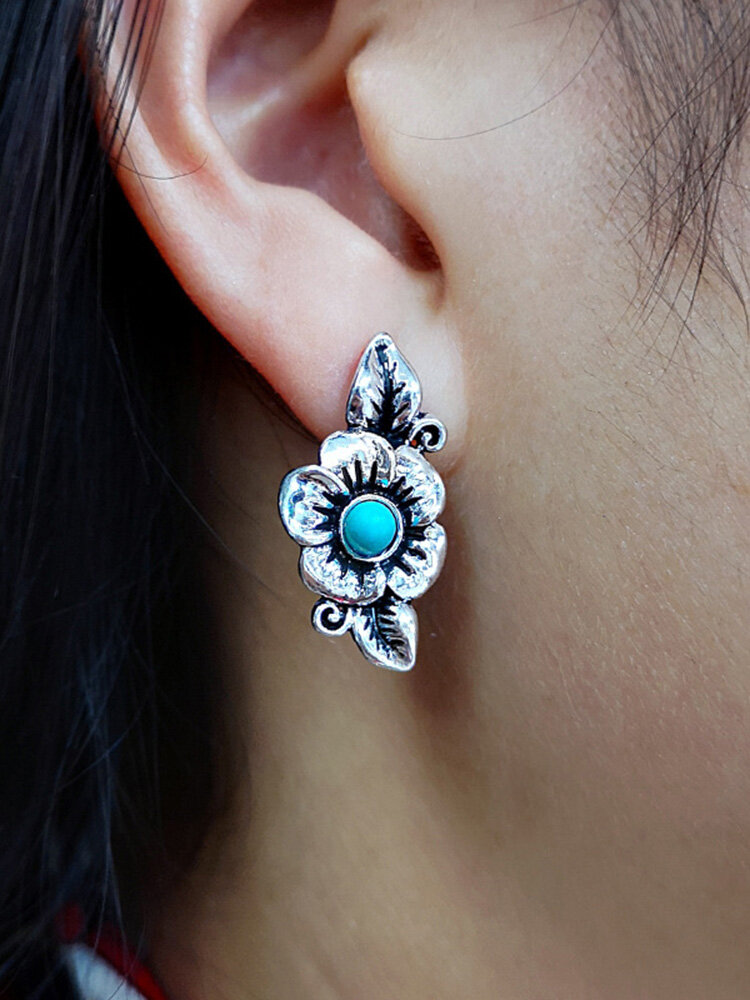 Vintage Rose Flower Leaf Silver Plated Earrings Bohemian Turquoise Pendant Earrings