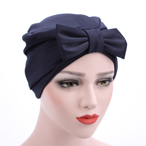 

Women Satin Solid Color Big Bowknot Muslim Beanie Hat Four Seasons Suitable Casual Turban Cap, Black;white;red;navy;grey