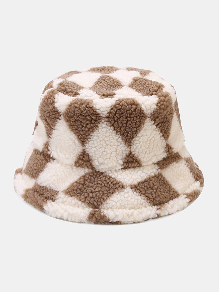 Unisex Lambswool Color Contrast Argyle Thicken Warmth All-match Bucket Hat
