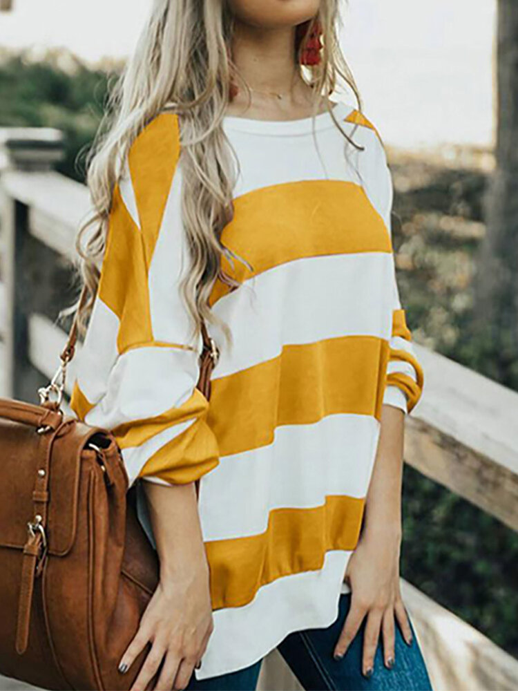 Contrast Color Stripe Long Sleeve Loose Blouse For Women