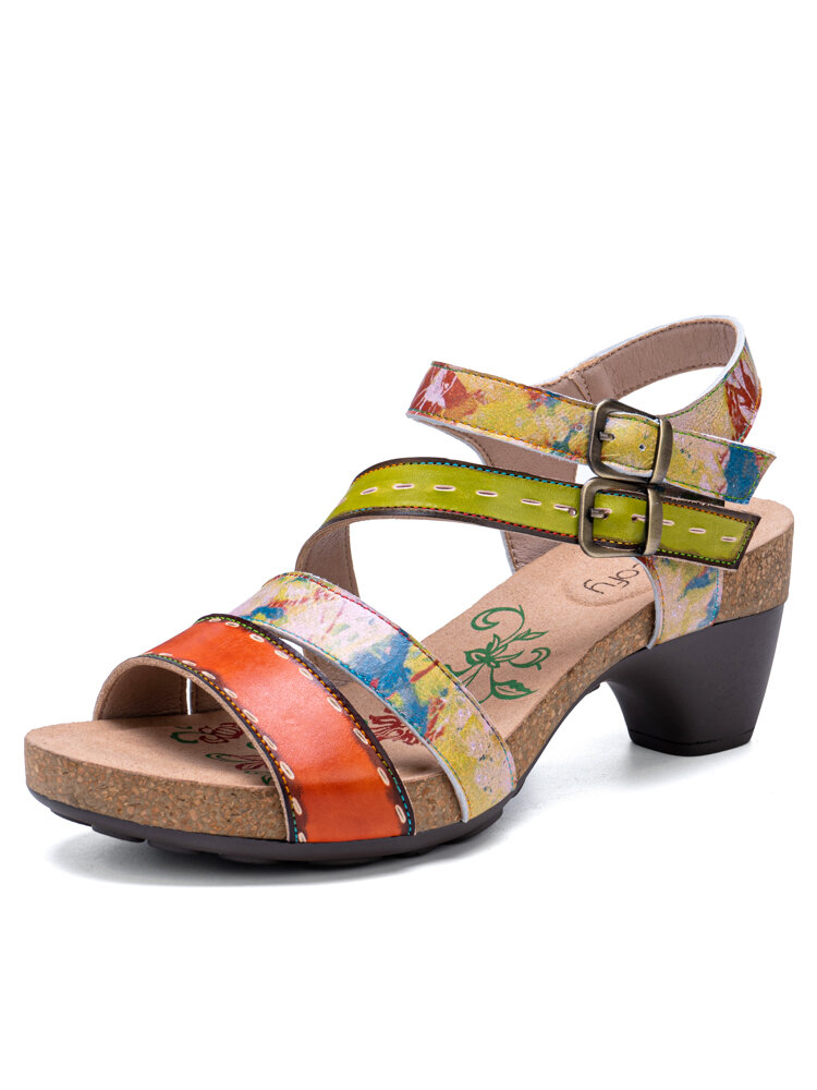 Socofy Genuine Leather Casual Bohemian Ethnic Floral Print Colorblock Comfy Heeled Sandals