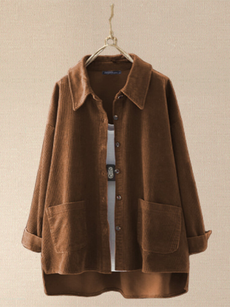 

Asymmetrical Corduroy Plus Size Shirt With Pockets, Navy;brown