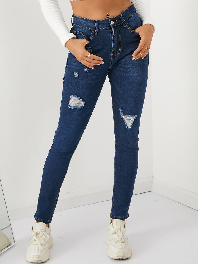High Waist Pocket Ripped Casual Denim Jeans For Women от Newchic WW