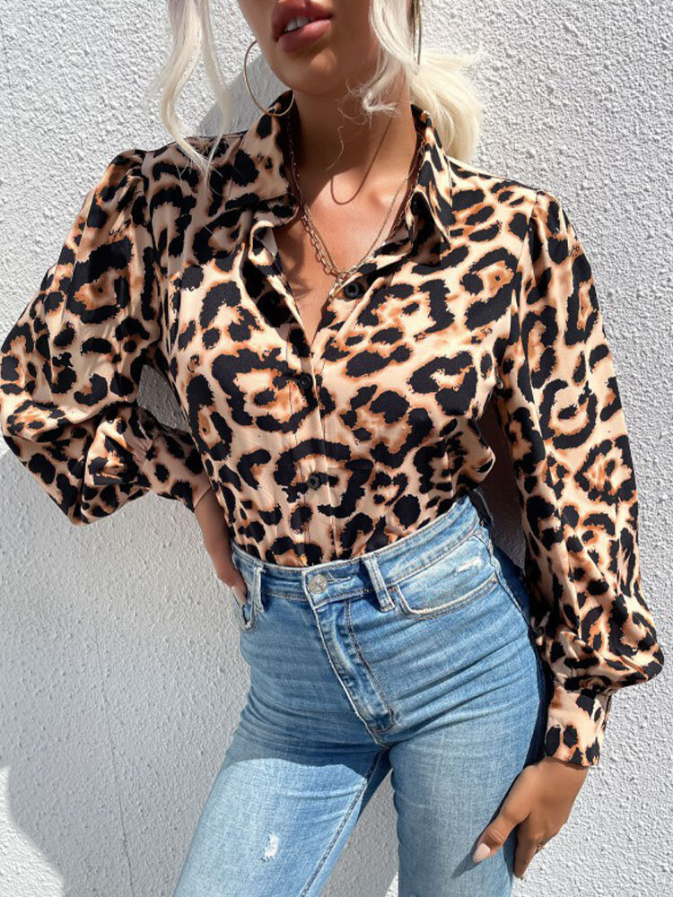 Leopard Print Button Lapel Long Sleeve Blouse For Women