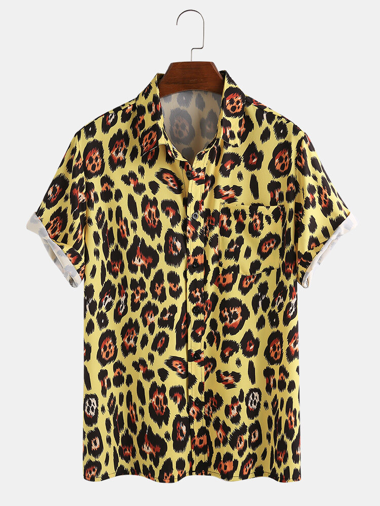 Mens Casual Leopard Print Allover Notch Collar Short Sleeve Shirts