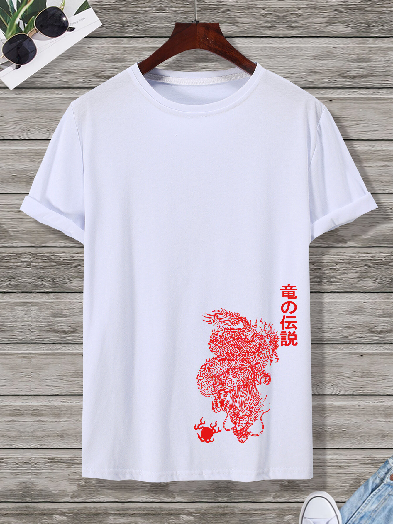 Men Dragon & Japanese Letter Print Round Neck Short Sleeve Casual T-Shirts