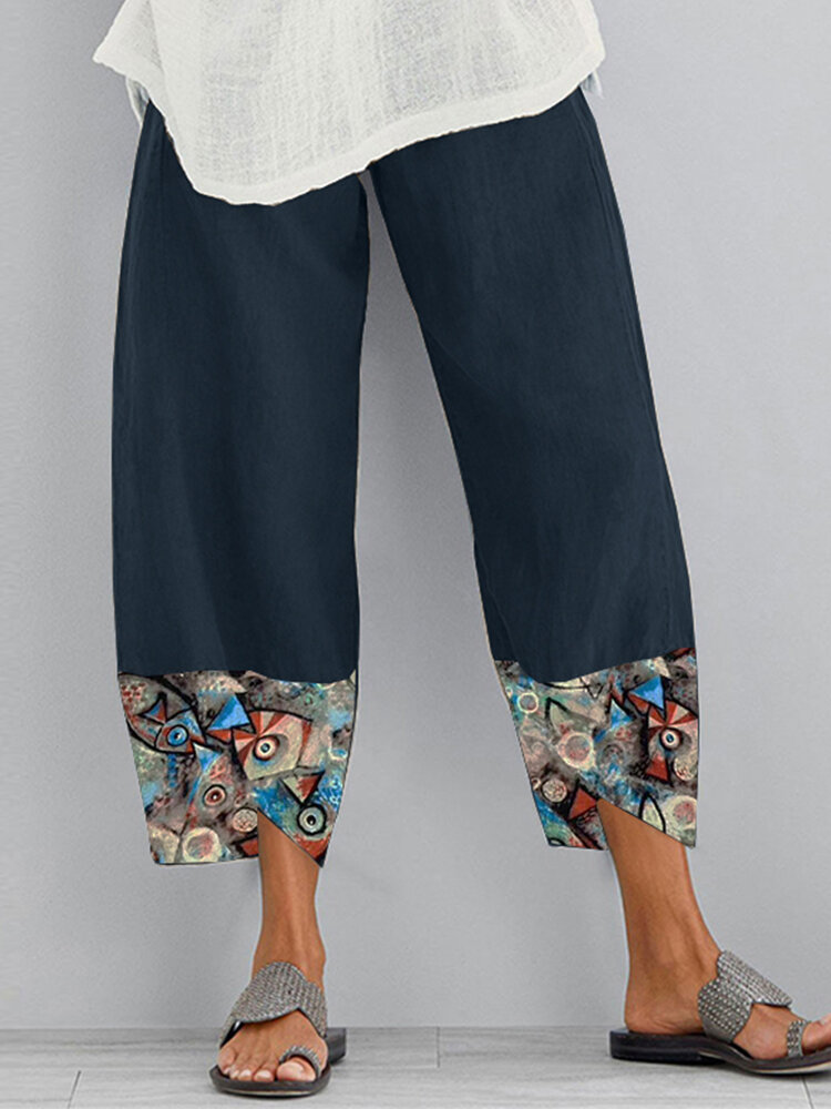 Fish Printed Patchwork Pockets Elastic Waist Pants With Pockets For Women