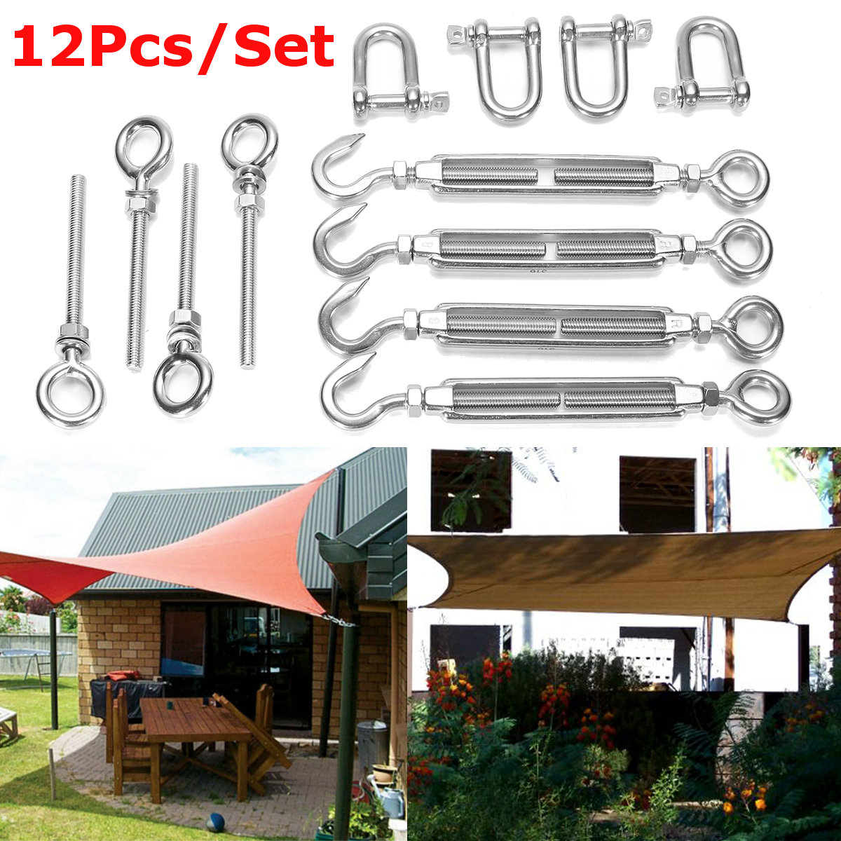 12Pcs/Set Shade Sail Kit 6mm Stainless Steel Marine 4-Point Square Rectangle Cloth