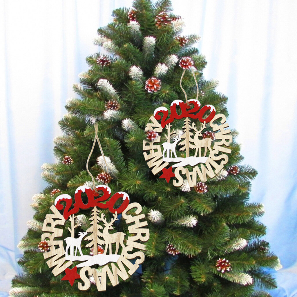 

2Pcs Merry Christmas Wooden Pendant Xmas Birthday Party Decoration Craft Wall Tree Hanging Ornaments, #01