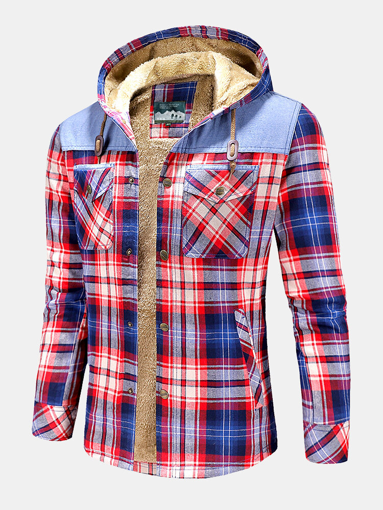 

Mens Plaid 100% Cotton Plush Lined Thick Snap Button Shirt Hooded Overcoats, Red;green