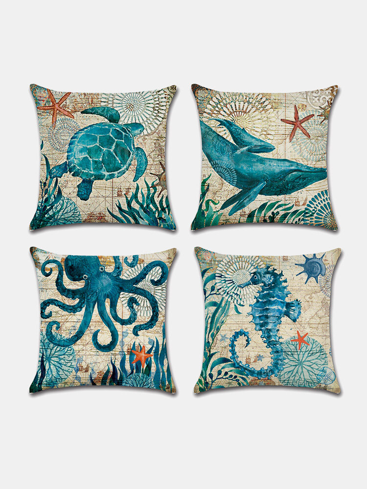 4 Pcs Sea Turtle Seahorse Whale Octopus Cushion Hold Pillowcase Cushion Cover Throw Pillow Cover Bags Home Car Decor