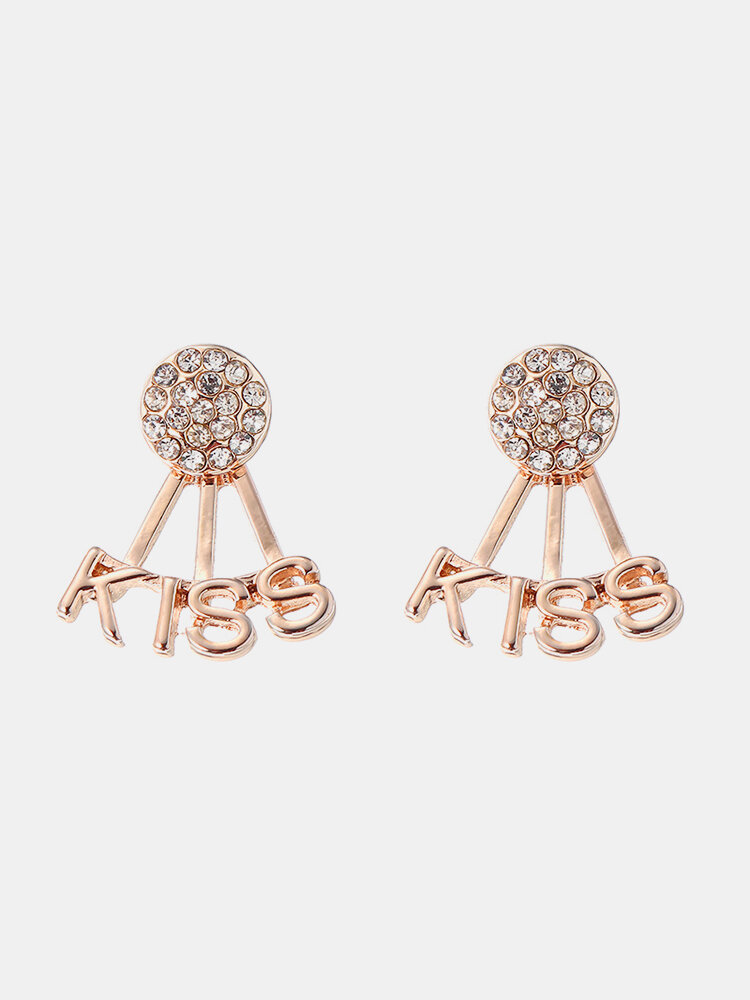 Trendy Full Rhinestone Kiss Letter Stud Double Side Earrings Gift for Women