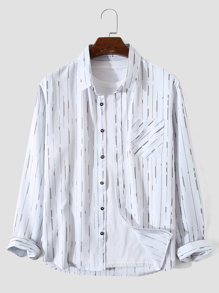 Mens Line Print Button Up Casual Long Sleeve Shirts With Pocket