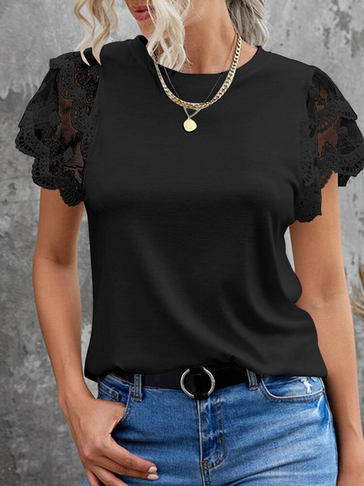 Lace Patchwork Round Neck Short Sleeve Casual Blouse