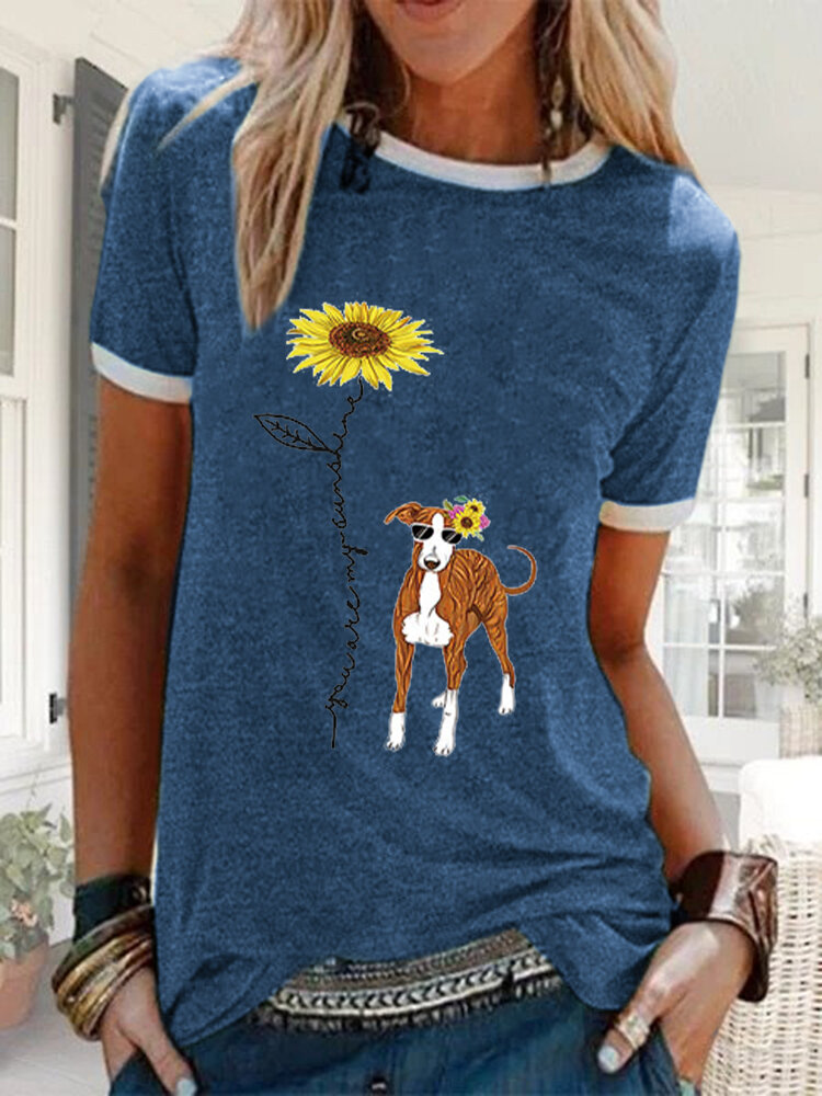Cartoon Floral Dog Printed O-neck T-shirt