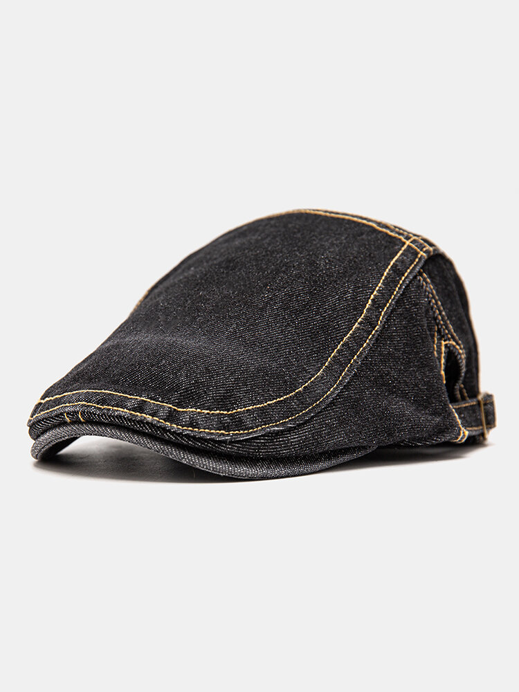Men Denim Plain Topstitched Stitches Metal Letter Label Sunshade Warmth Newsboy Hat Beret Flat Cap