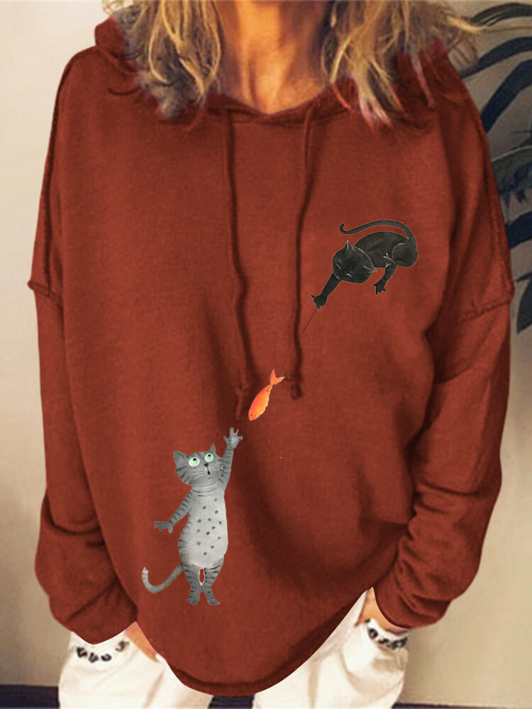 Casual Cats Fish Funny Print Plus Size Hoodie